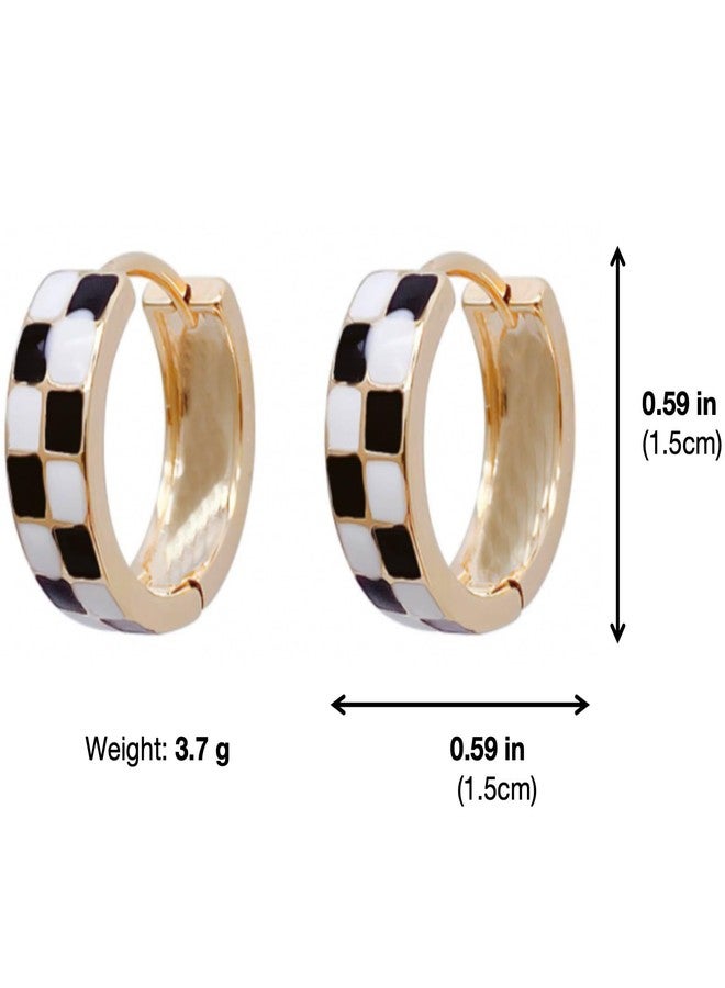 POYAMUSE Checkered Hoop Earrings for Women, Black White Checker Small Hoop Earrings Plated with 16K Gold for Women - Gold - Image 4